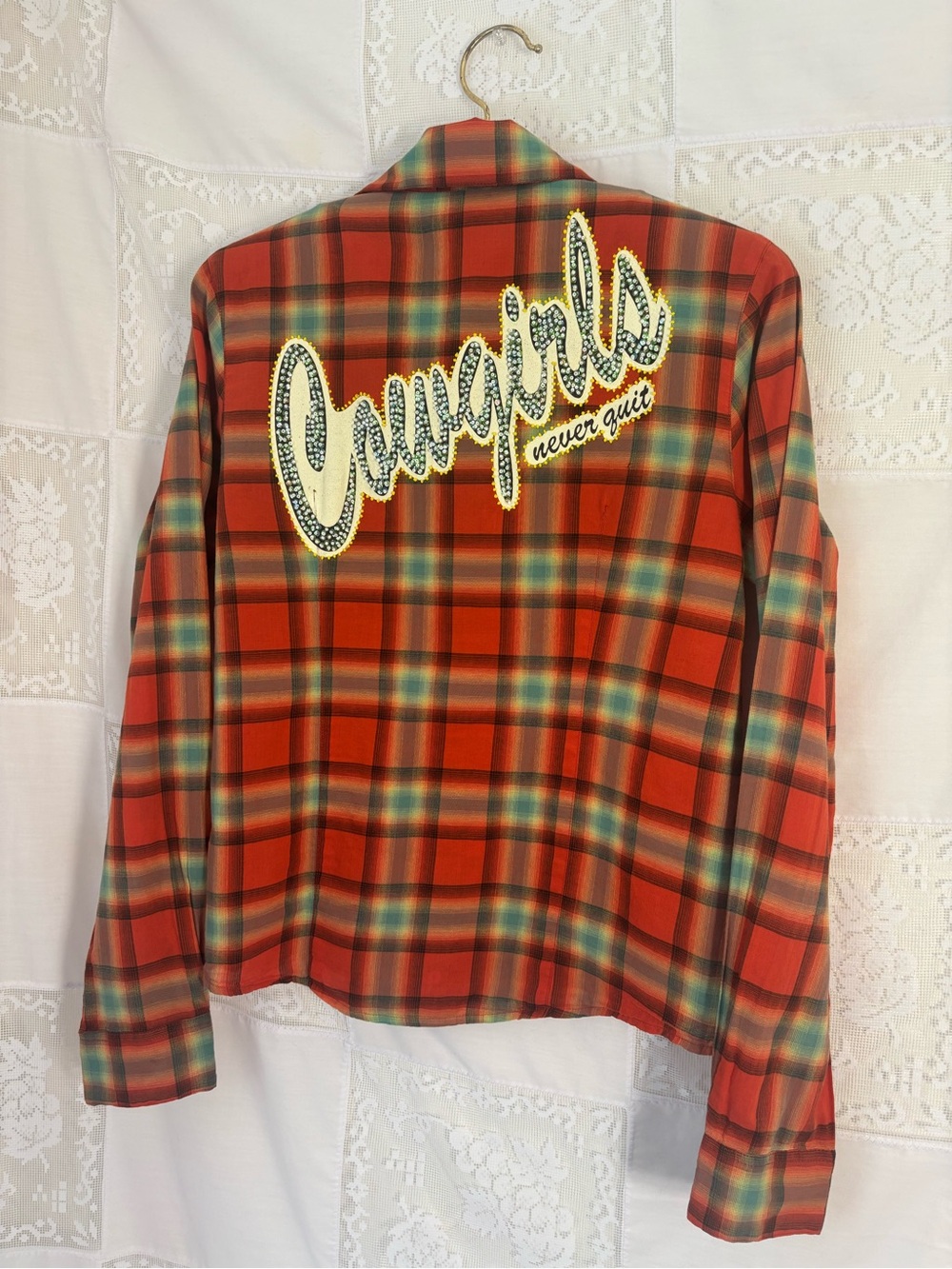 Orange Plaid Beaded Embellished Cowgirl Western Pearl Snap Button Up Size S - Picture 14 of 14